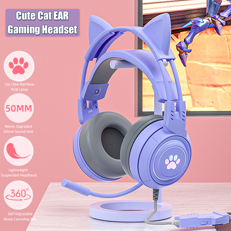 Pc Gaming Earphones - Sevimli kedi kulak oyun mikrofonlu kulaklıklar